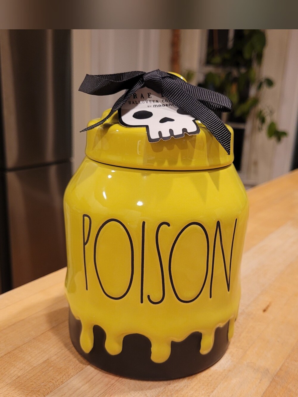 Rae Dunn Green & Black Poison Ceramic Canister with Skull & Cross Bones